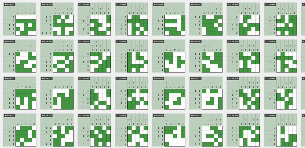 Grid of solved 5x5 nonogram puzzles