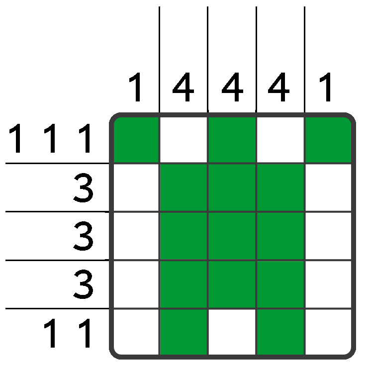 A 5 by 5 nonogram puzzle of a castle, where empty squares are marked with an X