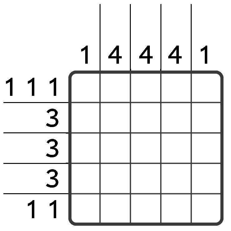 An empty 5 by 5 nonogram grid with numeric clues on the top and left that reveals a hidden picture: a castle.