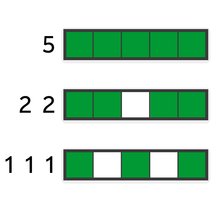 Examples of numeric clues where there is only one possibility: "5", "2 2", and "1 1 1"