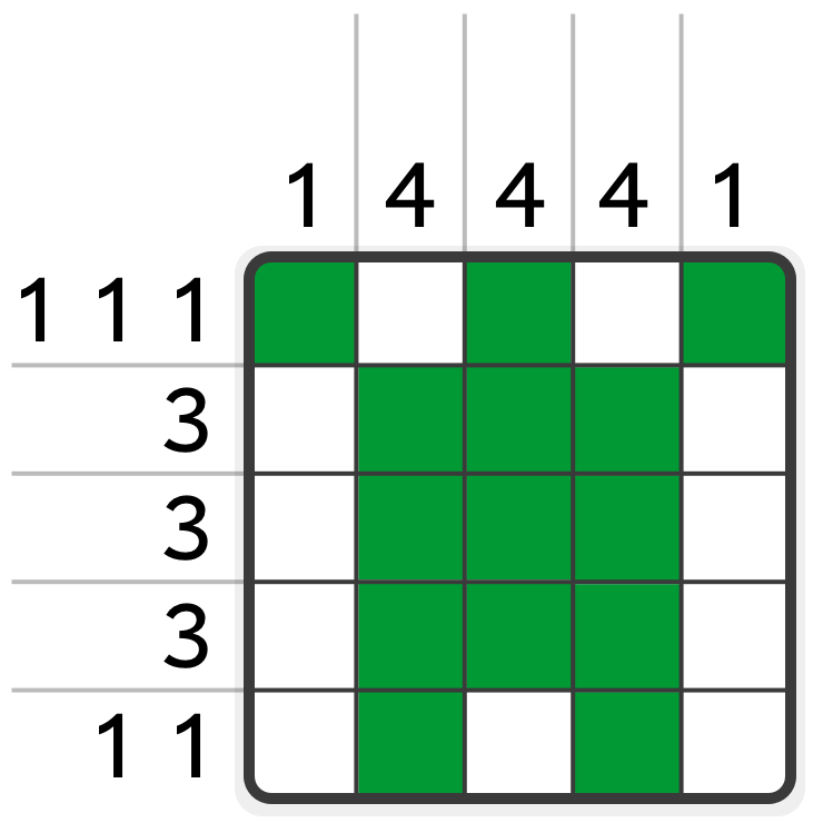 A 5 by 5 nonogram grid with the solution shown: a castle.
